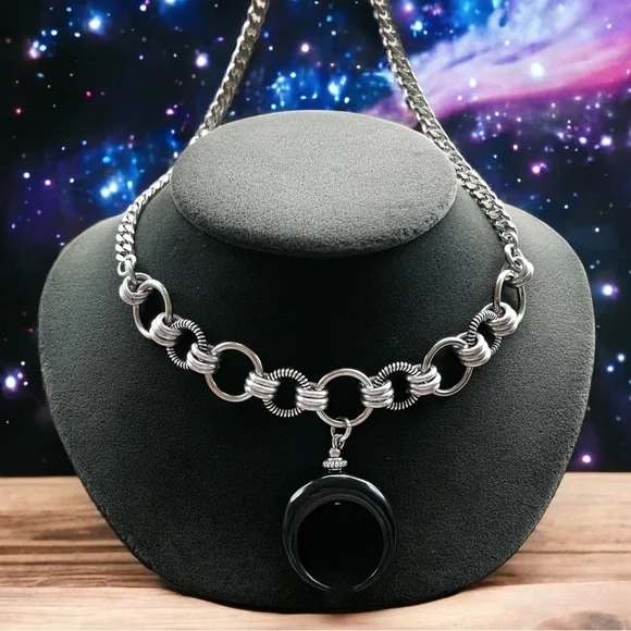 stainless steel necklace cuban chain black buffalo horn crescent moon charm - Picture 4 of 10